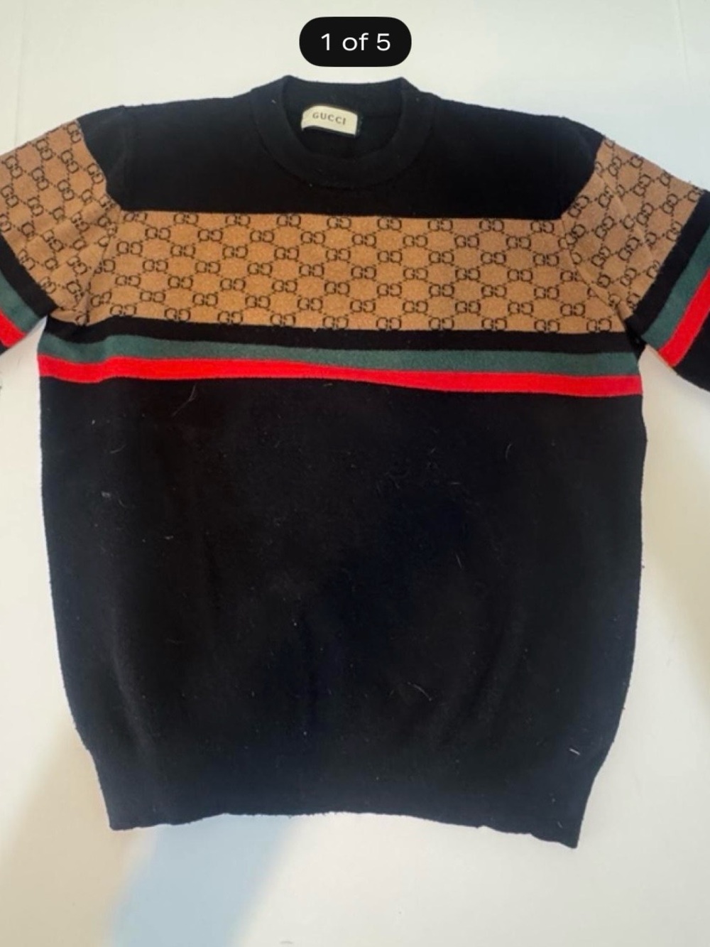 Gucci Black Knit Crewneck with Tan GG Panel and Green/Red Stripes